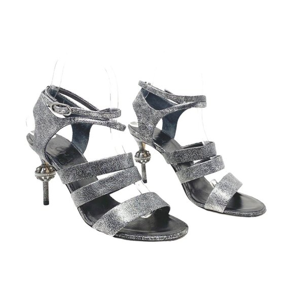 CHANEL Shoes - Chanel Silver Heels 37 Fan Goa Ankle Strap Pearl Heel with Box MSRP $1300